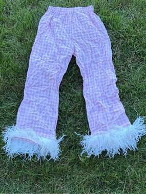 Sleeper Pink Gingham Pajama Pants with White Ostrich Feather Trim